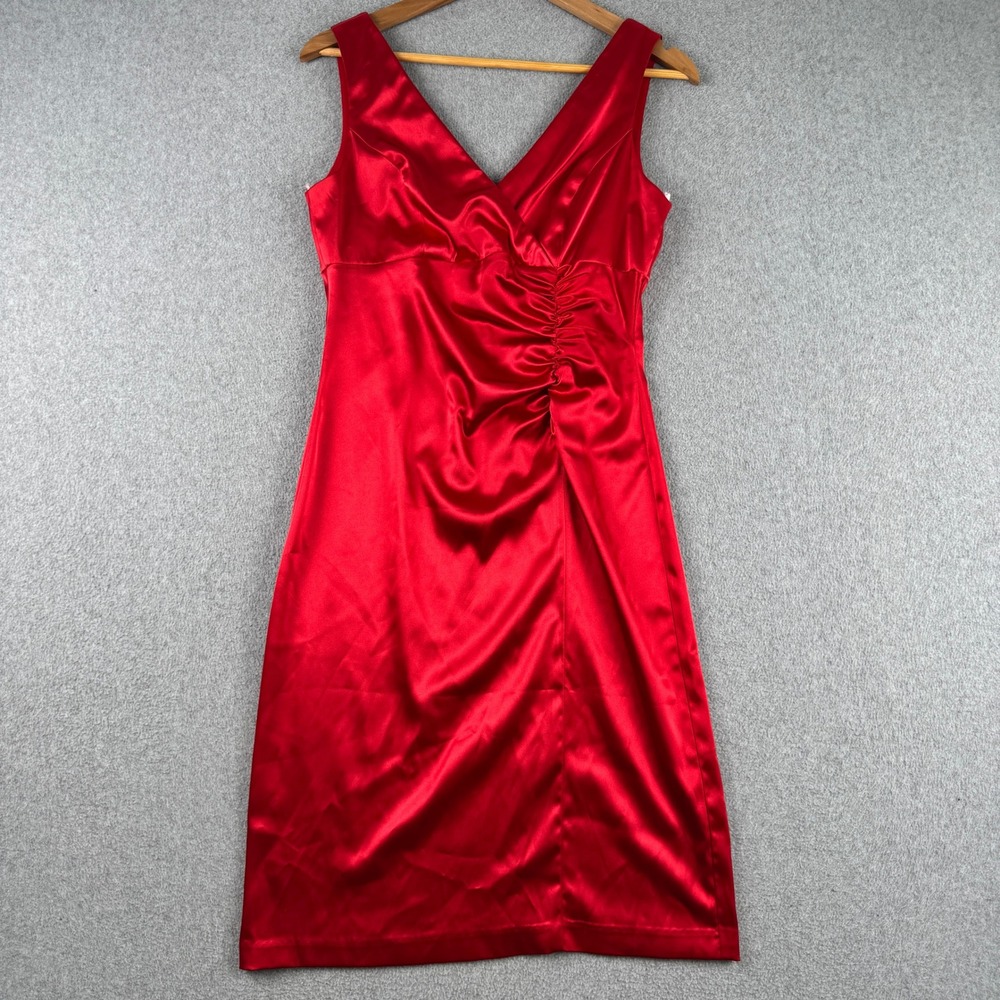 Vintage 90s Blondie Nites Dress Womens 8 Red Satin Ruched V-Neck Sheath Cocktail